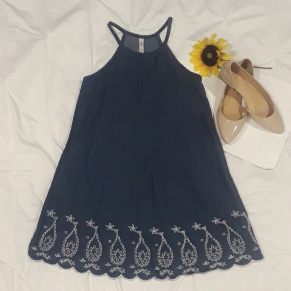 Denim sundress with white embroidered detailing